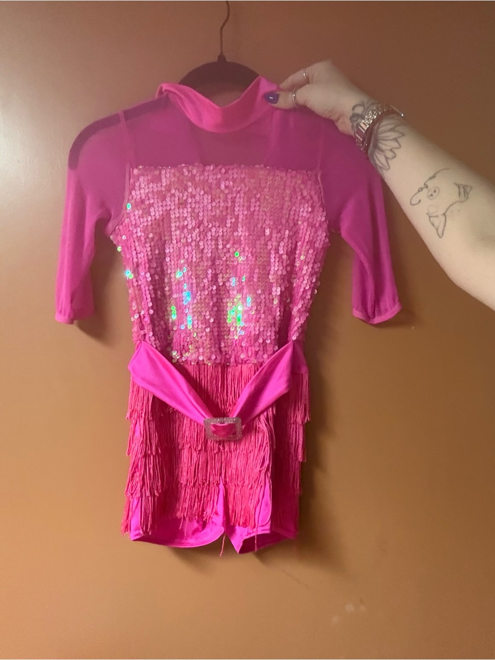 Weissman Hot Pink Sequin & Fringe Dance Leotard